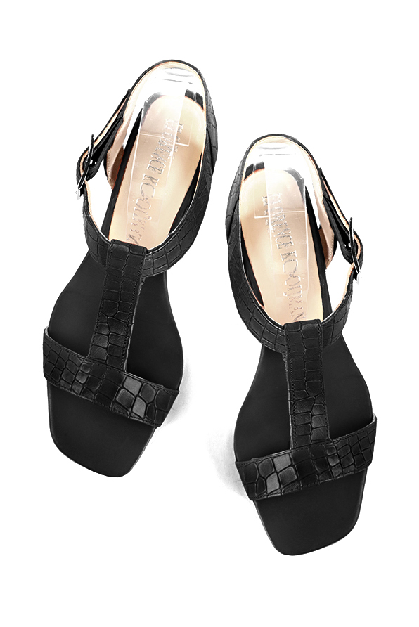 Women's satin black elegant fully open instep strap sandals. Square toe. Medium comma heels - Top view
